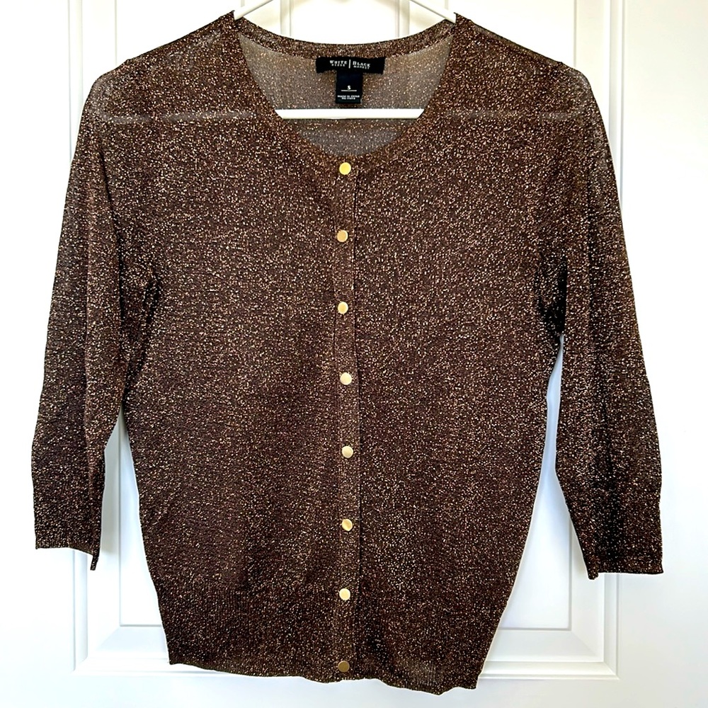 WHBM 3/4 sleeve cardigan in brown with metallic gold threads and buttons. Size S